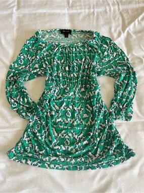 AB Studio Size L Green & Blue Abstract Ikat Print Long-Sleeve Tunic Blouse